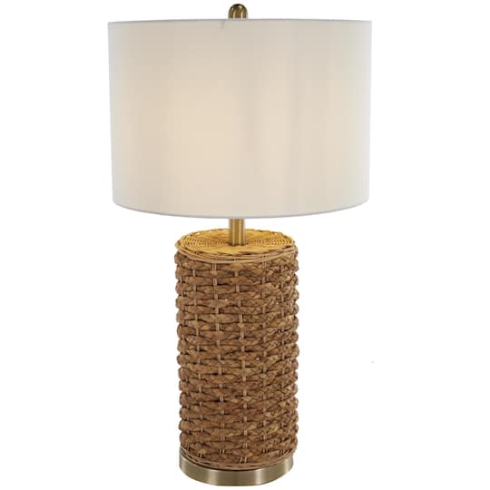 28" Bohemian Handmade Brown Rattan Textured Table Lamp with White Shade & Gold Base